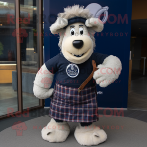Navy Shepard'S Pie mascot costume character dressed with a Flannel Shirt and Tie pins