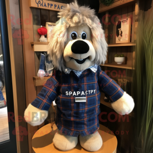 Navy Shepard'S Pie mascot costume character dressed with a Flannel Shirt and Tie pins