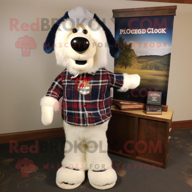 Navy Shepard'S Pie mascot costume character dressed with a Flannel Shirt and Tie pins