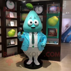 Turquoise Pear mascot costume character dressed with a Poplin Shirt and Brooches