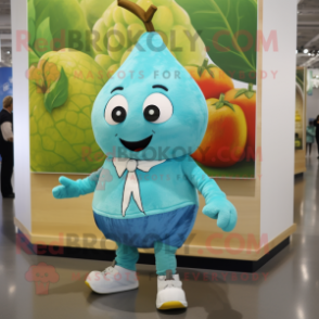 Turquoise Pear mascot costume character dressed with a Poplin Shirt and Brooches