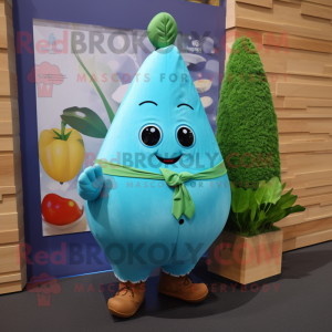 Turquoise Pear mascot costume character dressed with a Poplin Shirt and Brooches