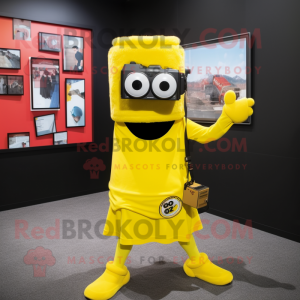 Yellow Camera mascot costume character dressed with a Long Sleeve Tee and Headbands