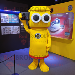 Yellow Camera mascot costume character dressed with a Long Sleeve Tee and Headbands