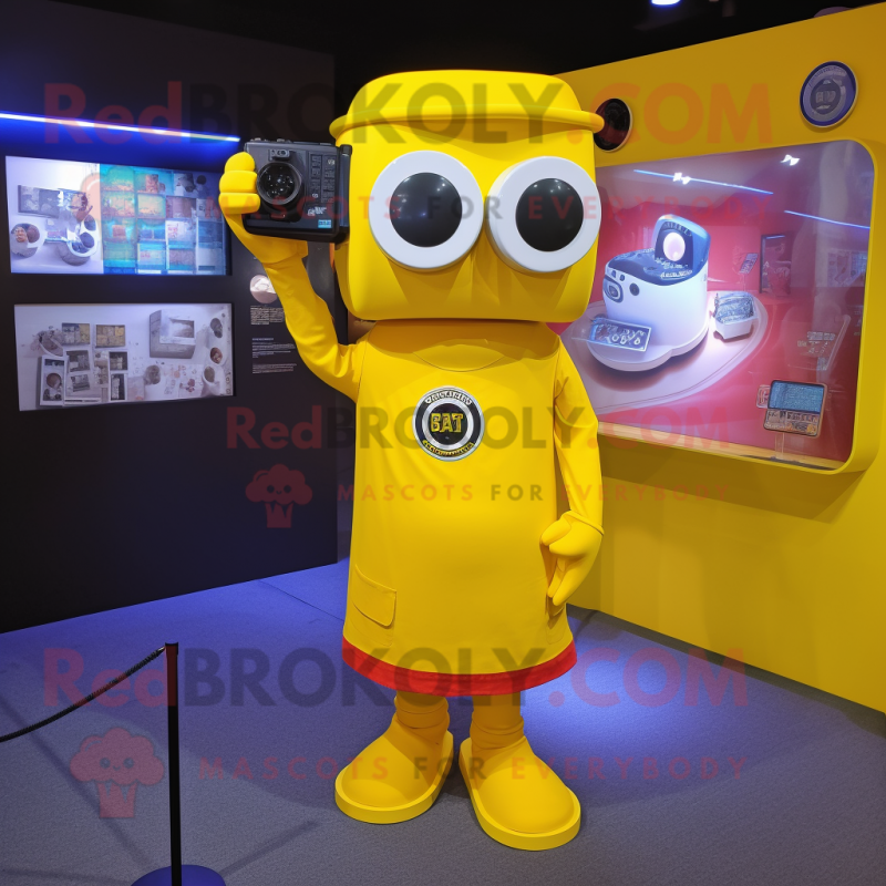 Yellow Camera mascot costume character dressed with a Long Sleeve Tee and Headbands Yellow Camera mascot costume character dressed with a Long Sleeve Tee and Headbands