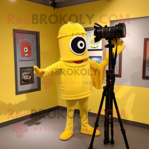 Yellow Camera mascot costume character dressed with a Long Sleeve Tee and Headbands
