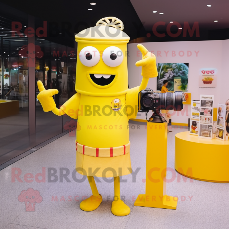 Yellow Camera mascot costume character dressed with a Long Sleeve Tee and Headbands Yellow Camera mascot costume character dressed with a Long Sleeve Tee and Headbands