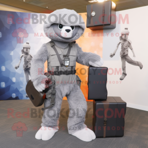 Gray Sniper mascot costume character dressed with a Jumpsuit and Briefcases