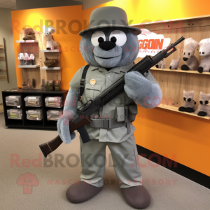 Gray Sniper mascot costume character dressed with a Jumpsuit and Briefcases