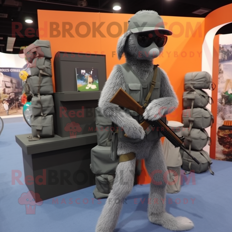 Gray Sniper mascot costume character dressed with a Jumpsuit and Briefcases