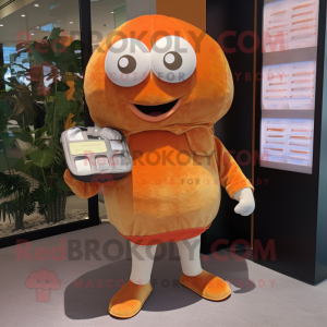 Orange Oyster mascot costume character dressed with a Corduroy Pants and Wallets