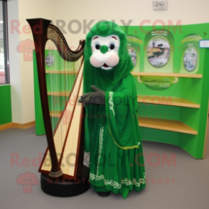 Forest Green Celtic Harp mascot costume character dressed with a Dress and Scarf clips