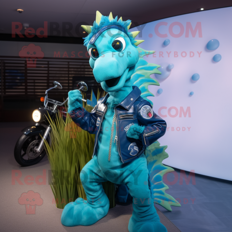 Turquoise Seahorse mascot costume character dressed with a Moto Jacket and Headbands