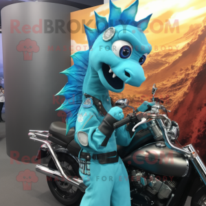 Turquoise Seahorse mascot costume character dressed with a Moto Jacket and Headbands