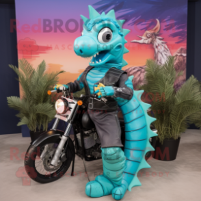 Turquoise Seahorse mascot costume character dressed with a Moto Jacket and Headbands