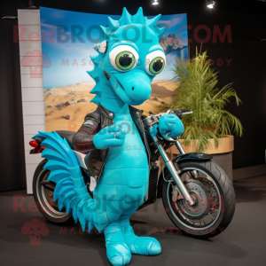 Turquoise Seahorse mascot costume character dressed with a Moto Jacket and Headbands