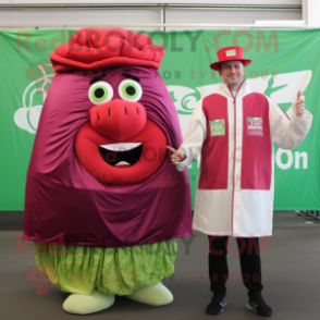 Red Corned Beef And Cabbage mascot costume character dressed with a Windbreaker and Caps
