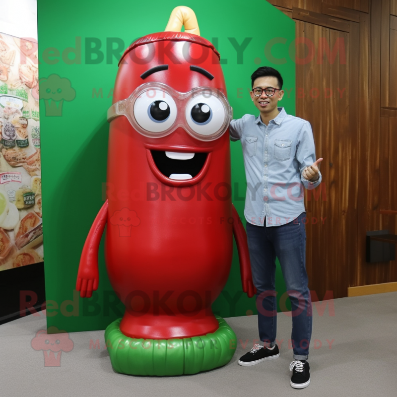 Olive Bottle Of Ketchup mascot costume character dressed with a Boyfriend Jeans and Eyeglasses