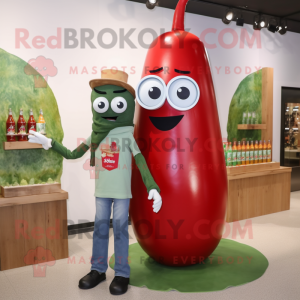 Olive Bottle Of Ketchup mascot costume character dressed with a Boyfriend Jeans and Eyeglasses