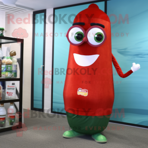 Olive Bottle Of Ketchup mascot costume character dressed with a Boyfriend Jeans and Eyeglasses