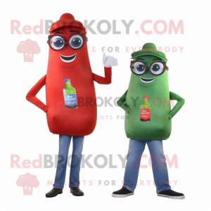 Olive Bottle Of Ketchup mascot costume character dressed with a Boyfriend Jeans and Eyeglasses