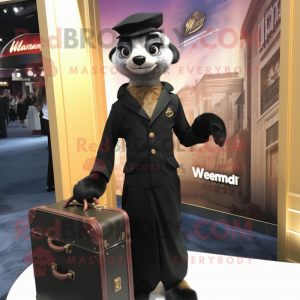 Black Meerkat mascot costume character dressed with a Evening Gown and Briefcases