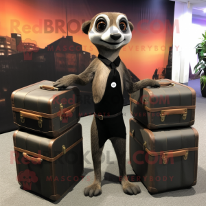 Black Meerkat mascot costume character dressed with a Evening Gown and Briefcases