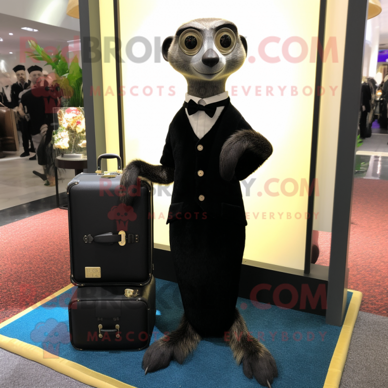 Black Meerkat mascot costume character dressed with a Evening Gown and Briefcases