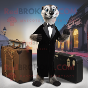 Black Meerkat mascot costume character dressed with a Evening Gown and Briefcases