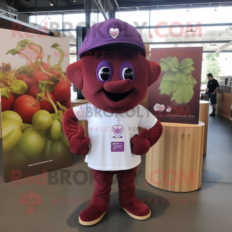 Maroon Grape mascot costume character dressed with a Henley Shirt and Headbands Maroon Grape mascot costume character dressed with a Henley Shirt and Headbands