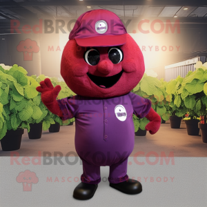 Maroon Grape mascot costume character dressed with a Henley Shirt and Headbands