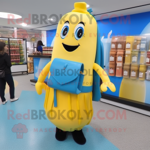 Blue Bottle Of Mustard mascot costume character dressed with a Blouse and Briefcases