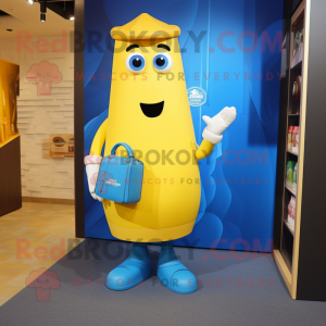 Blue Bottle Of Mustard mascot costume character dressed with a Blouse and Briefcases