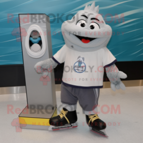 Gray Pair Of Ice Skates mascot costume character dressed with a T-Shirt and Tie pins