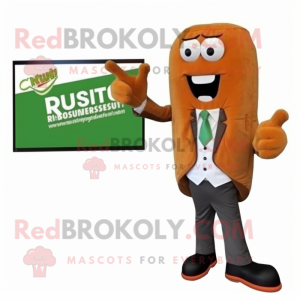 Rust Zucchini mascot costume character dressed with a Suit and Lapel pins