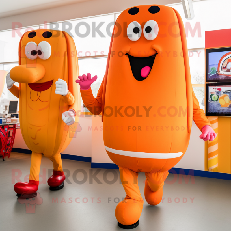 Orange Hot Dogs mascot costume character dressed with a Jeggings and Smartwatches