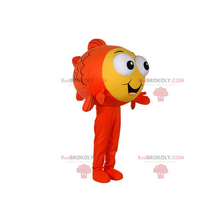 Mascote de peixe laranja e amarelo com olhos protuberantes -