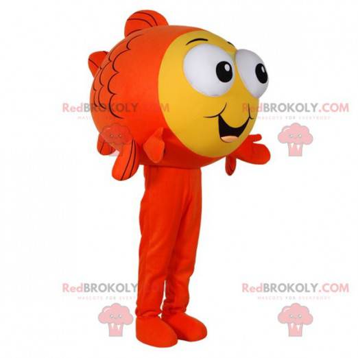 Mascotte di pesce arancione e giallo con gli occhi sporgenti -