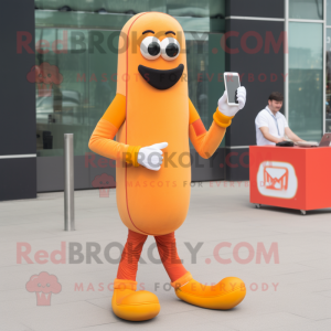 Orange Hot Dogs mascot costume character dressed with a Jeggings and Smartwatches