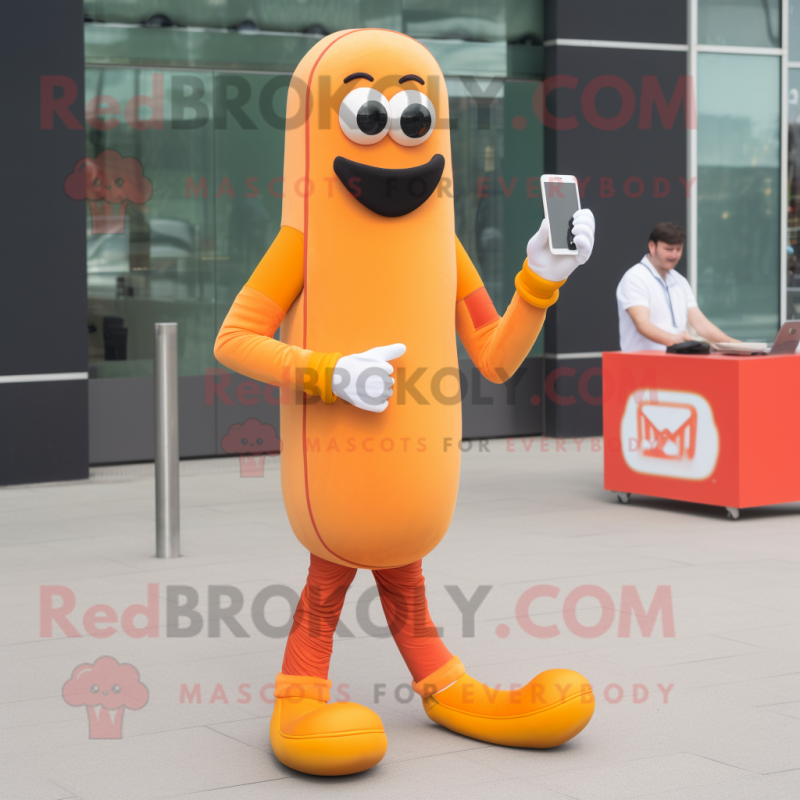 Orange Hot Dogs mascot costume character dressed with a Jeggings and Smartwatches Orange Hot Dogs mascot costume character dressed with a Jeggings and Smartwatches