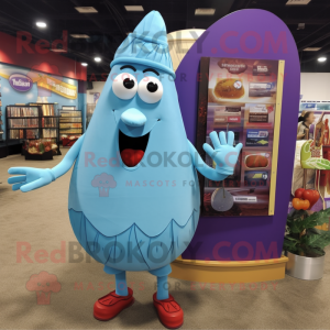 Sky Blue Eggplant mascot costume character dressed with a Board Shorts and Coin purses