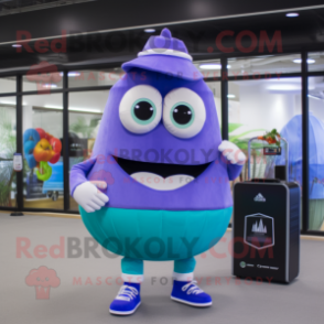 Sky Blue Eggplant mascot costume character dressed with a Board Shorts and Coin purses