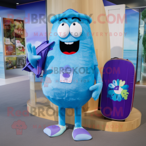 Sky Blue Eggplant mascot costume character dressed with a Board Shorts and Coin purses