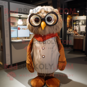 Rust Owl mascot costume character dressed with a Henley Shirt and Eyeglasses