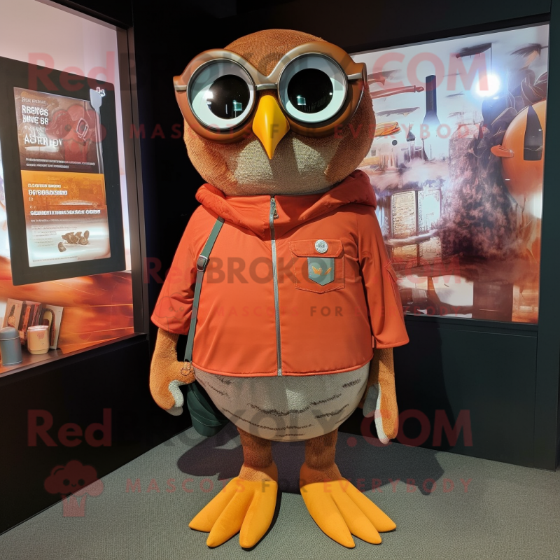 Rust Owl mascot costume character dressed with a Henley Shirt and Eyeglasses Rust Owl mascot costume character dressed with a Henley Shirt and Eyeglasses