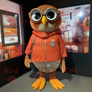 Rust Owl mascot costume character dressed with a Henley Shirt and Eyeglasses