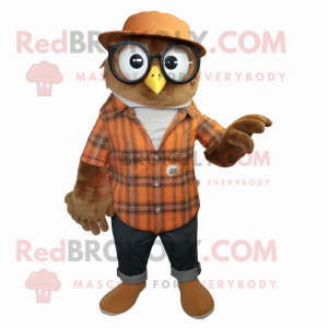 Rust Owl mascot costume character dressed with a Henley Shirt and Eyeglasses