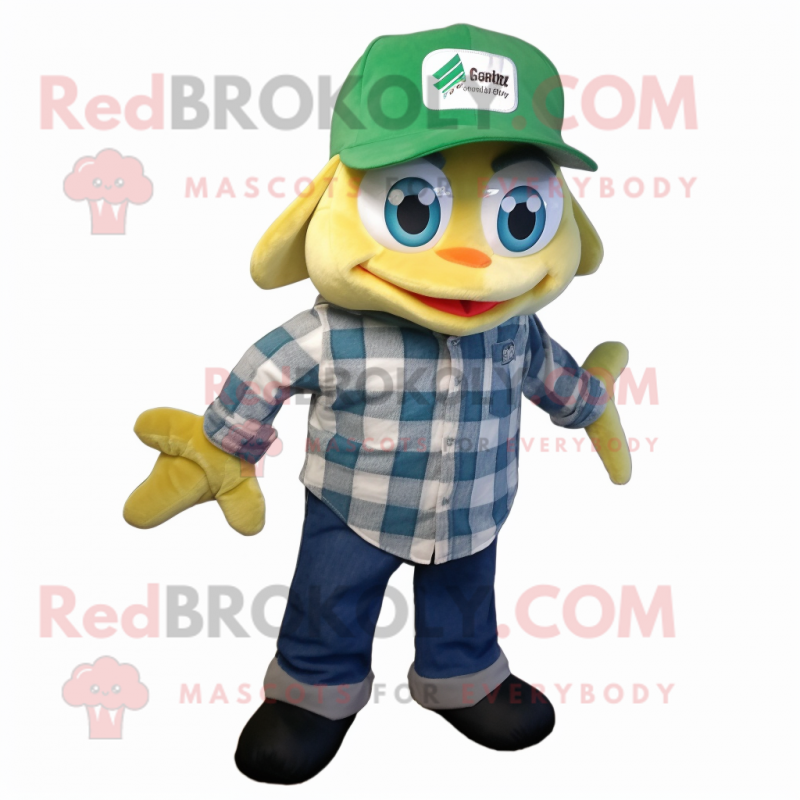 Green Goldfish mascot costume character dressed with a Flannel Shirt and Caps