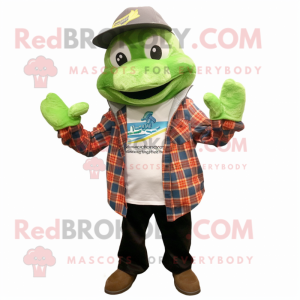 Green Goldfish mascot costume character dressed with a Flannel Shirt and Caps