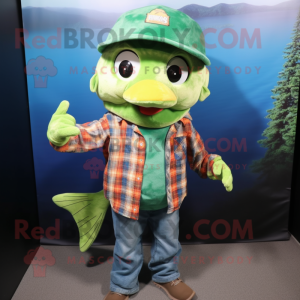 Green Goldfish mascot costume character dressed with a Flannel Shirt and Caps